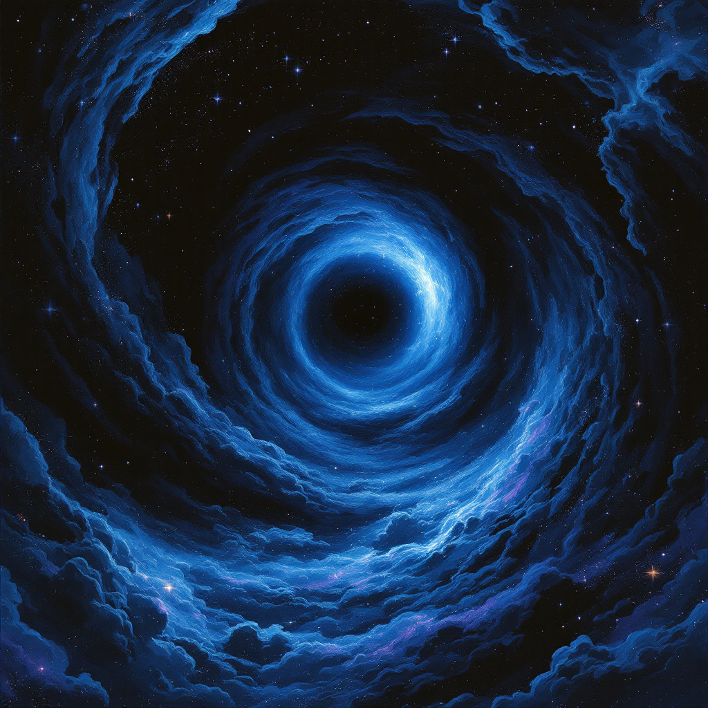 A swirling vortex of deep blue clouds and cosmic light, illustrating the profound mystery of the universe, reflects the quote about humility in the face of the abyss.