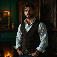 A confident man stands in a dimly lit room, wearing a tailored vest over a white shirt. His expression reflects determination, embodying the spirit of making courageous choices.