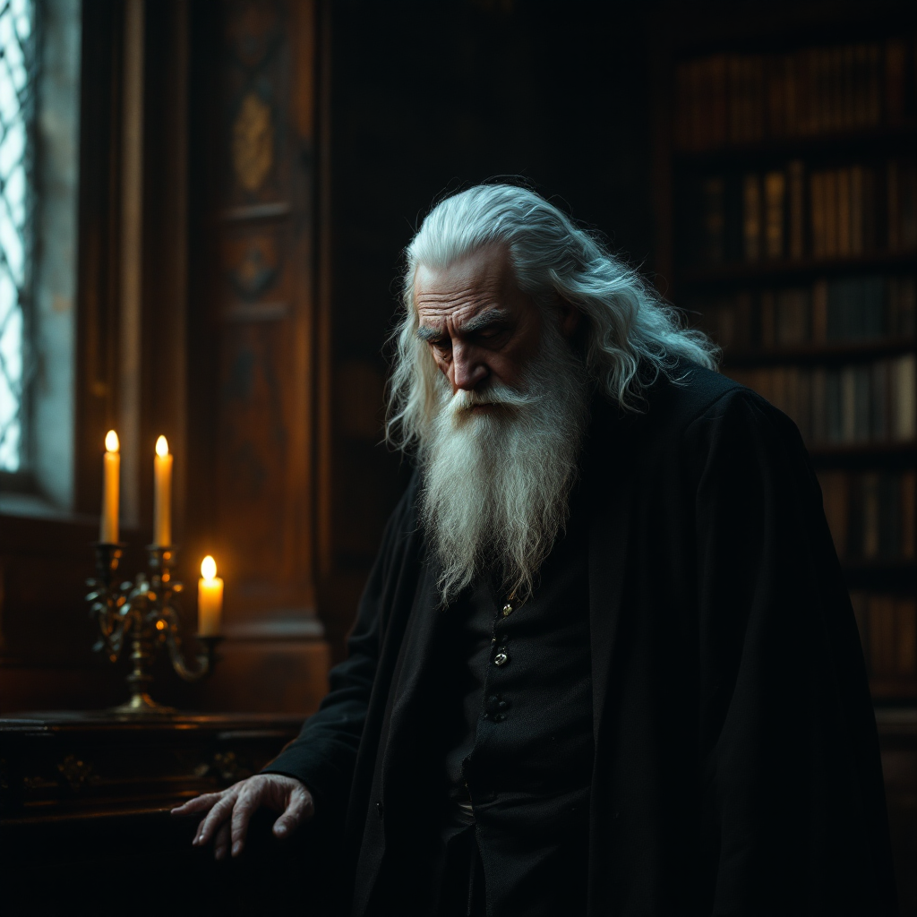 An elderly figure with long white hair and a flowing beard stands pensively in a dimly lit library, candles flickering beside him, embodying Dumbledore’s reflection on truth’s beauty and danger.