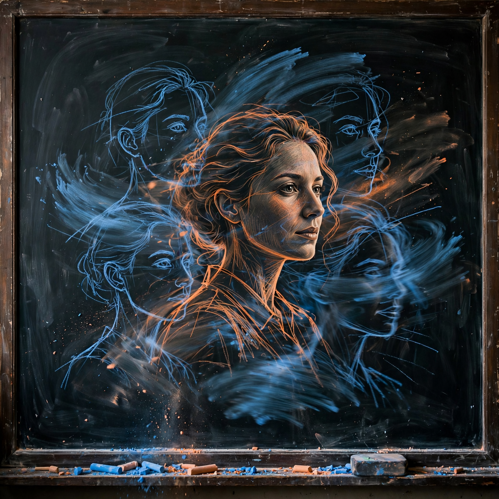 A highly realistic chalk sketch of a woman’s head and shoulders on a blackboard, with multiple overlapping outlines that shift and blur as if being redrawn rapidly.
