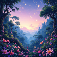 A vibrant, enchanting jungle scene filled with lush trees and colorful flowers, under a sky shimmering with stars, embodying the quote: The stars are a jungle, Tyler.