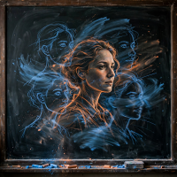 A highly realistic chalk sketch of a woman’s head and shoulders on a blackboard, with multiple overlapping outlines that shift and blur as if being redrawn rapidly.