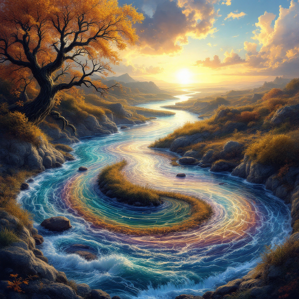 A winding river reflects vibrant colors, surrounded by lush landscapes and majestic mountains, embodying the essence of possibilities as the sun sets in a beautiful sky.