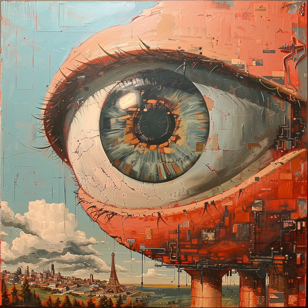 A gigantic eye with intricate details overlooks a surreal landscape, symbolizing surveillance and control akin to the phrase Big Brother is Watching You from the book.