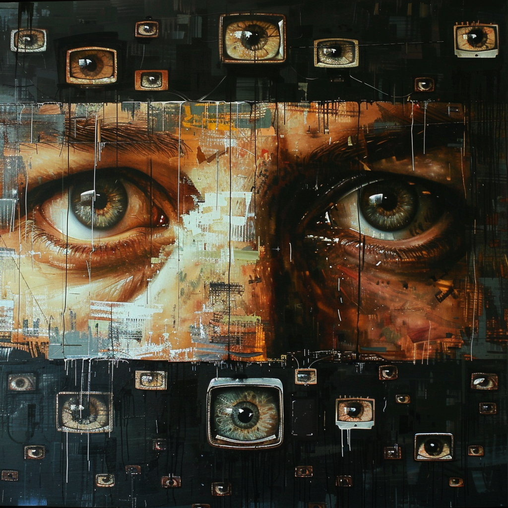 A digital artwork shows a close-up of intense, surveilling eyes amid a collage of multiple smaller eyes. Inspired by the quote Big Brother is Watching You.