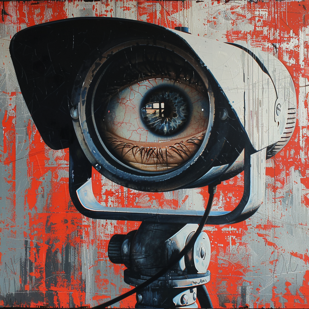 A surreal image of a CCTV camera with a realistic human eye in place of its lens, inspired by the quote Big Brother is Watching You, set against a distressed red and white background.