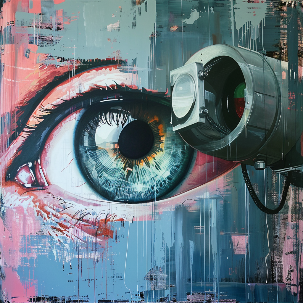 A vivid depiction featuring a large, detailed eye alongside a surveillance camera, inspired by the quote, Big Brother is Watching You. The background has an abstract, painterly texture.