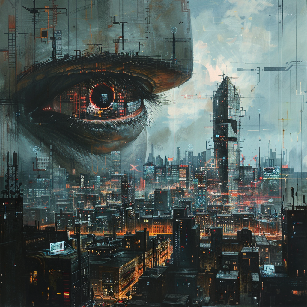 A large, watchful eye hovers ominously over a dystopian cityscape, reflecting the essence of the Big Brother is Watching You quote. The city is filled with futuristic buildings and dark, cloudy skies.