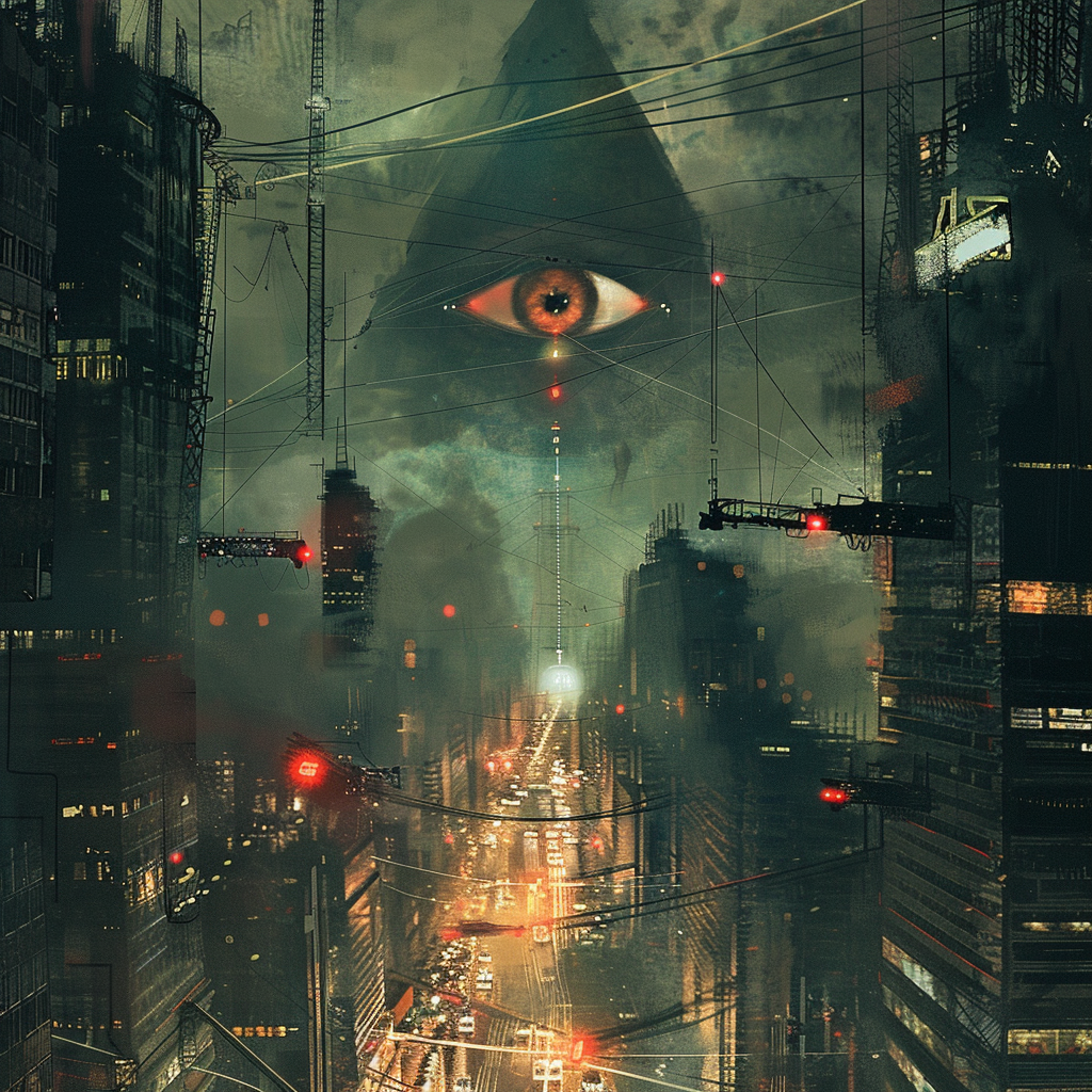 A dystopian cityscape at night, watched over by a giant, ominous eye in the sky, capturing the essence of the quote Big Brother is Watching You.