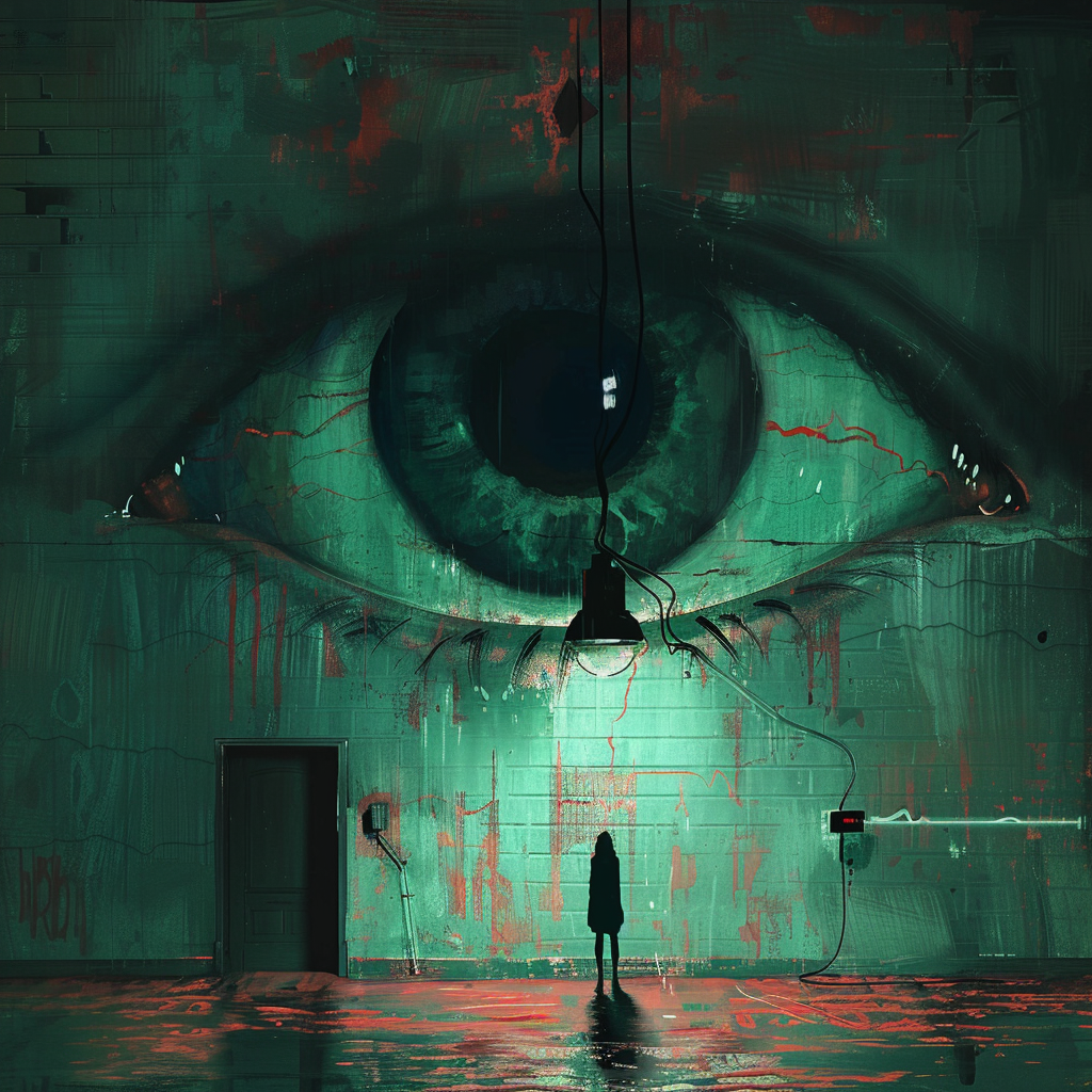 A lone figure stands in a dimly lit room, staring at a giant eye painted on the wall with the phrase Big Brother is Watching You, reflecting an eerie and dystopian atmosphere.