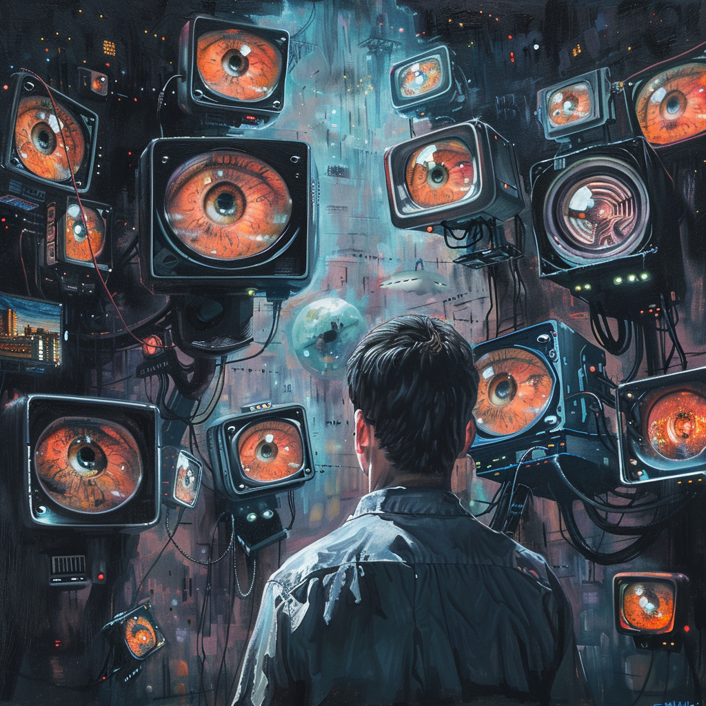 A person stands in front of multiple screens, each displaying a large, watchful eye, illustrating the quote Big Brother is Watching You from the book.