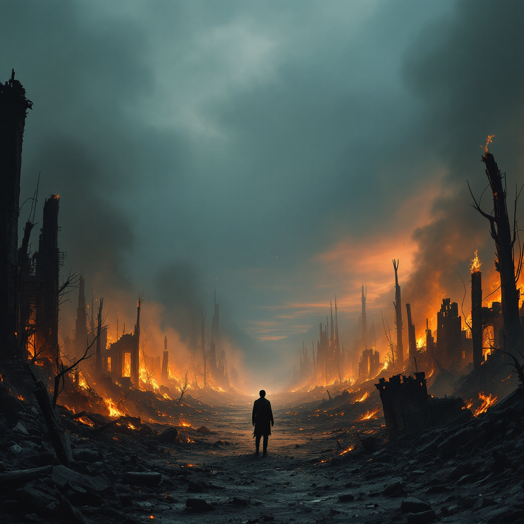 A solitary figure stands amidst a burning landscape of charred remnants, evoking the quote: “In the end, everything burns, and all that remains is the truth of what we were.”