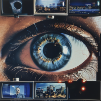 A large, detailed eye dominates the image, surrounded by multiple screens displaying surveillance footage and cityscapes, reflecting the concept of Big Brother is Watching You.
