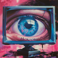 A large, detailed eye is displayed on a computer monitor, surrounded by vibrant, abstract pink and blue colors, echoing the theme Big Brother is Watching You.