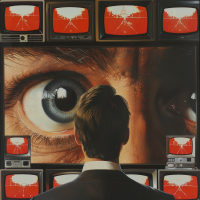 A man in a suit stands facing a large screen displaying a watchful eye, surrounded by smaller red screens, reflecting the quote Big Brother is Watching You from the book.