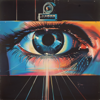 A large, detailed eye with colorful accents and lines emanating from it, symbolizing surveillance. The design aligns with the quote Big Brother is Watching You.