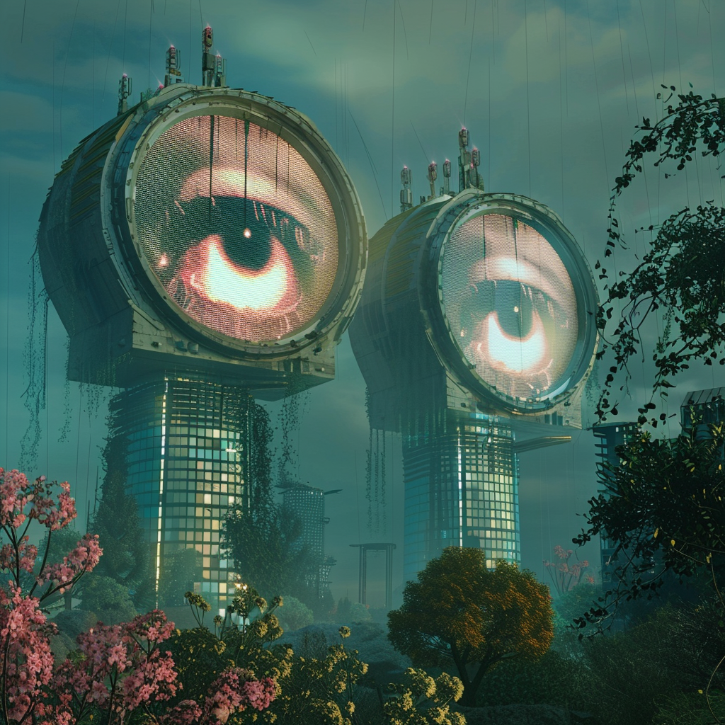 An eerie scene with two tall towers displaying giant, watchful eyes on large screens, inspired by the quote Big Brother is Watching You. The surroundings feature lush and colorful plants.