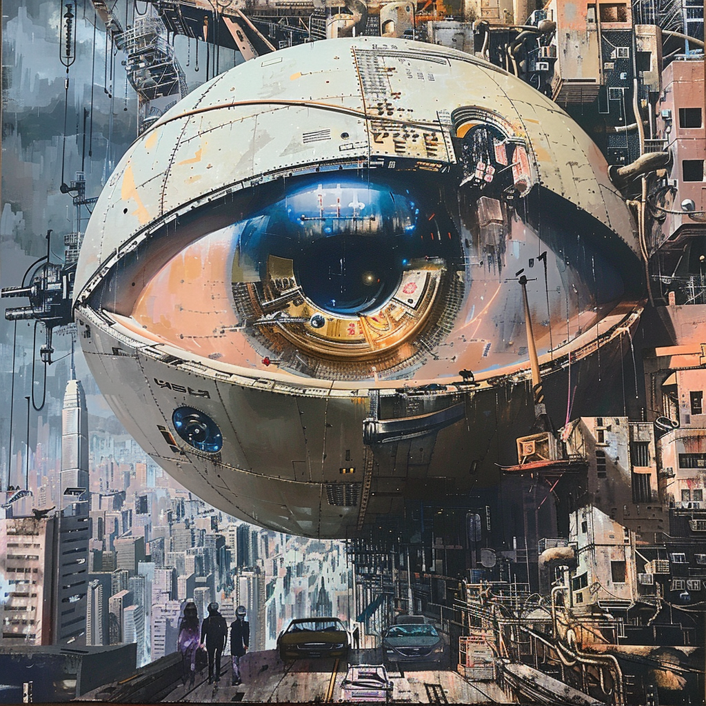 A large mechanical eye dominates a futuristic cityscape, representing surveillance and control, inspired by the quote Big Brother is Watching You. Multiple buildings surround the central eye structure.