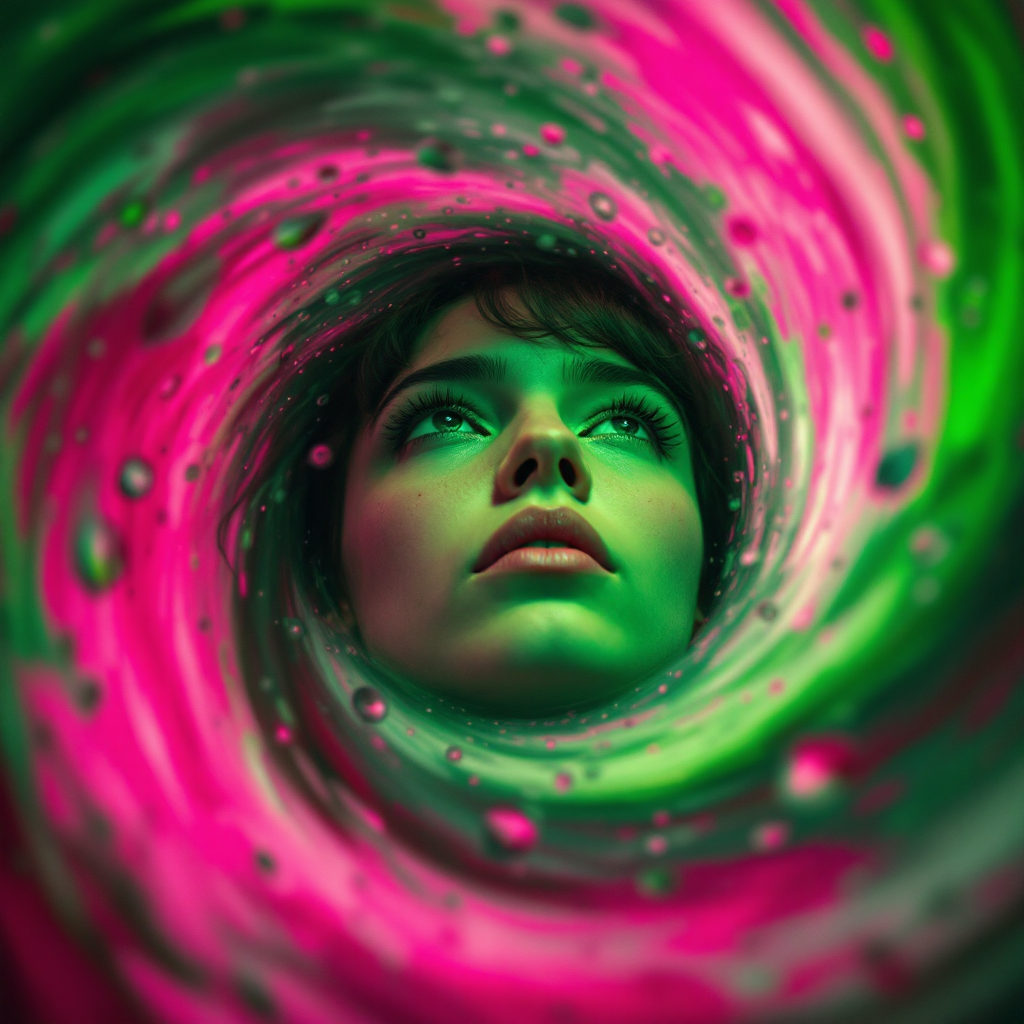 A woman’s face emerges from a swirling vortex of vibrant pink and green colors, conveying the intensity of a gaze that leaves one breathless.