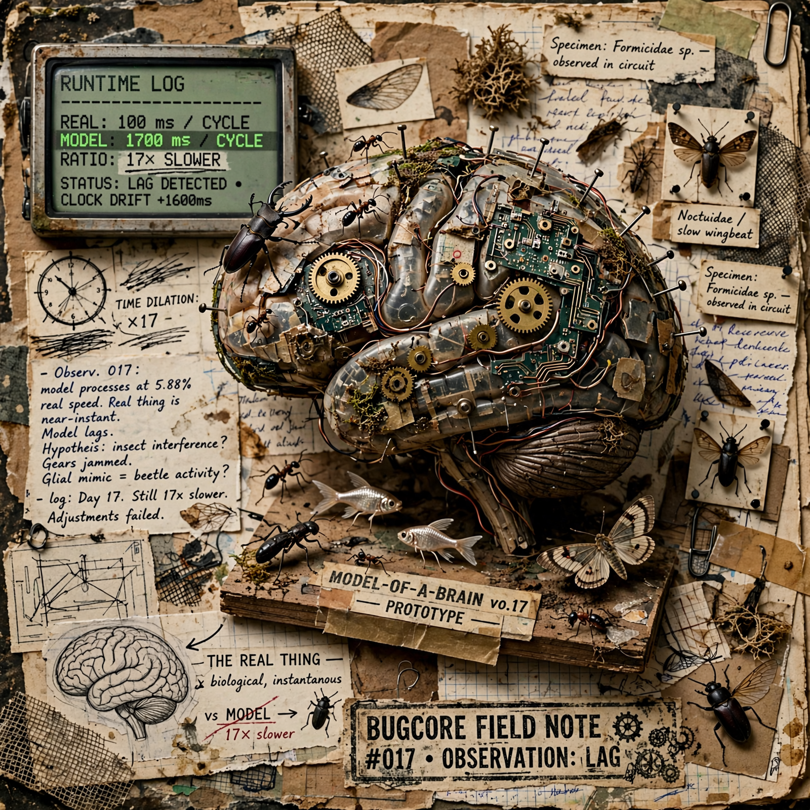 A detailed steampunk-style mechanical brain model with gears and notes, illustrating a brain simulation running seventeen times slower than a real brain.