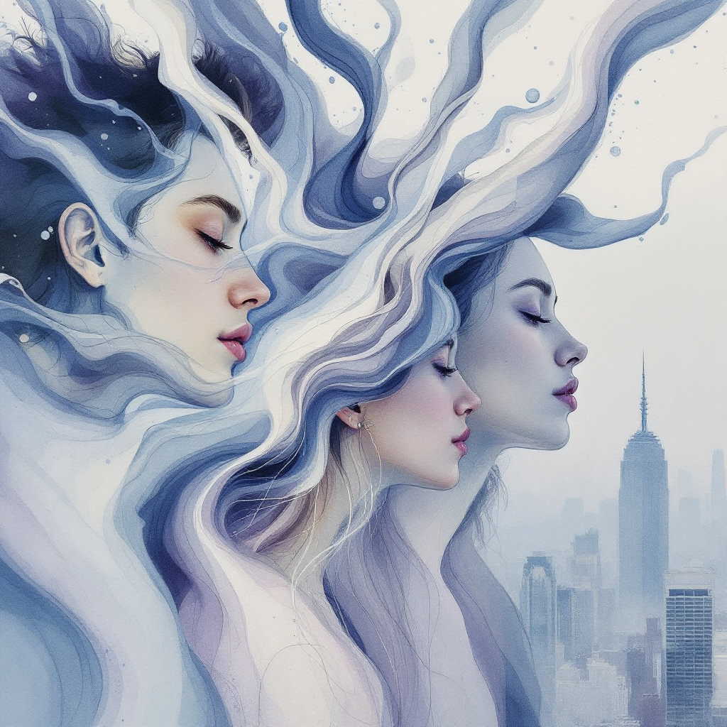 Three ethereal figures with flowing hair set against a city skyline, embodying the intertwined themes of rebellion and love as inspired by the quote.