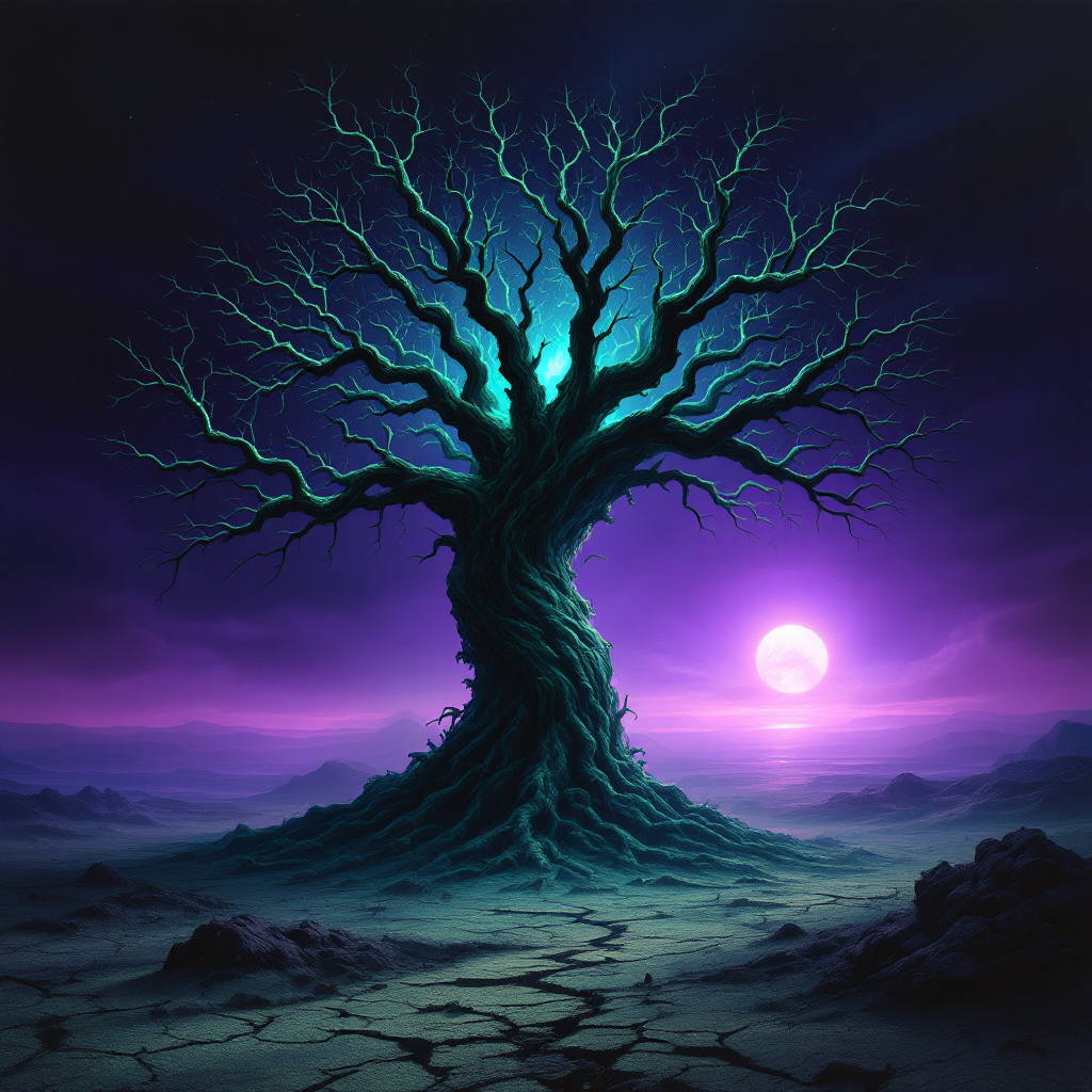 A gnarled, leafless tree stands against a surreal, purple sky, illuminated by a glowing moon, embodying a haunting sense of loss from a world unfulfilled.