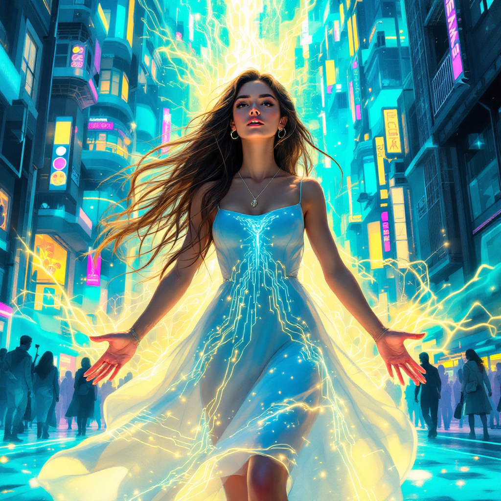 A woman in a glowing dress stands in a vibrant city, her arms outstretched, radiating energy amidst a crowd, symbolizing the theme of freedom and mutual respect from the quote.