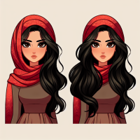 Illustration of a slim, dark-haired woman with large brown eyes, a full mouth, a unique small nose, wearing a red head scarf and a long brown dress. Her look is inspired by an Arabic aesthetic.