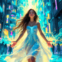 A woman in a glowing dress stands in a vibrant city, her arms outstretched, radiating energy amidst a crowd, symbolizing the theme of freedom and mutual respect from the quote.