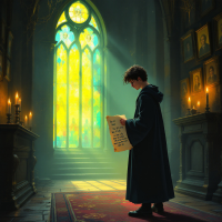 A figure in a dark cloak stands in a dimly lit, enchanted room, reading a scroll illuminated by colorful stained glass windows, embodying themes of loyalty and seeking help at Hogwarts.