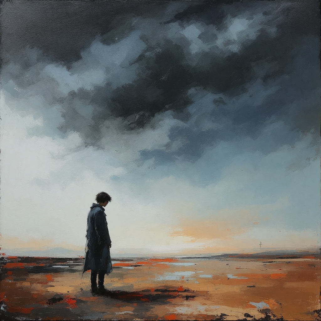 A solitary figure stands on a barren landscape under a dramatic sky, embodying the sentiment of quiet loneliness expressed in the quote, We’re all just a little lonely, aren’t we?