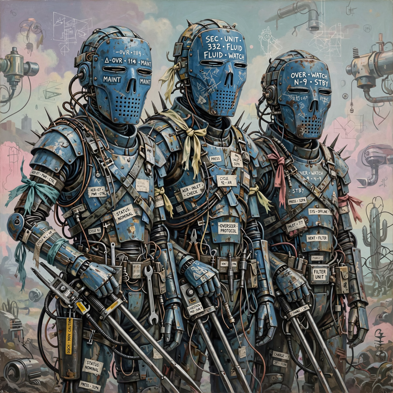 Three intricately detailed robots with blue helmets and mechanical bodies stand side by side, covered in wires and panels, against a hazy, industrial background.