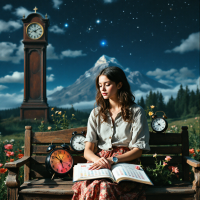 A woman sits on a bench surrounded by clocks, reading a book under a starry sky with mountains in the background, symbolizing different types of time and life’s moments.