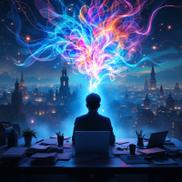 A figure sits at a desk, gazing out at a cityscape under a starry sky, while vibrant, colorful swirls of light rise from their head, symbolizing imagination and creativity.