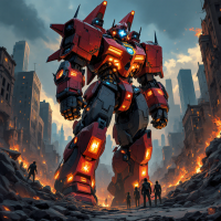 A towering red robot stands amidst the ruins of a city, flames flickering around it, embodying the intensity of the quote, It was a pleasure to burn.