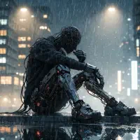 A cybernetic figure with exposed mechanical limbs and cables sits hunched in the rain against a cityscape, embodying the fusion of human and machine identity.
