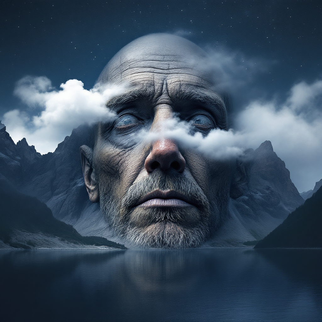 A serene landscape features a large, contemplative face emerging from clouds above tranquil waters, evoking the wisdom of nature as the ultimate philosopher.