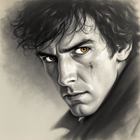 A dramatic portrait of a man with tousled hair and piercing yellow eyes, capturing the confidence and intensity of a character who believes he is untouchable, even in his final moments.