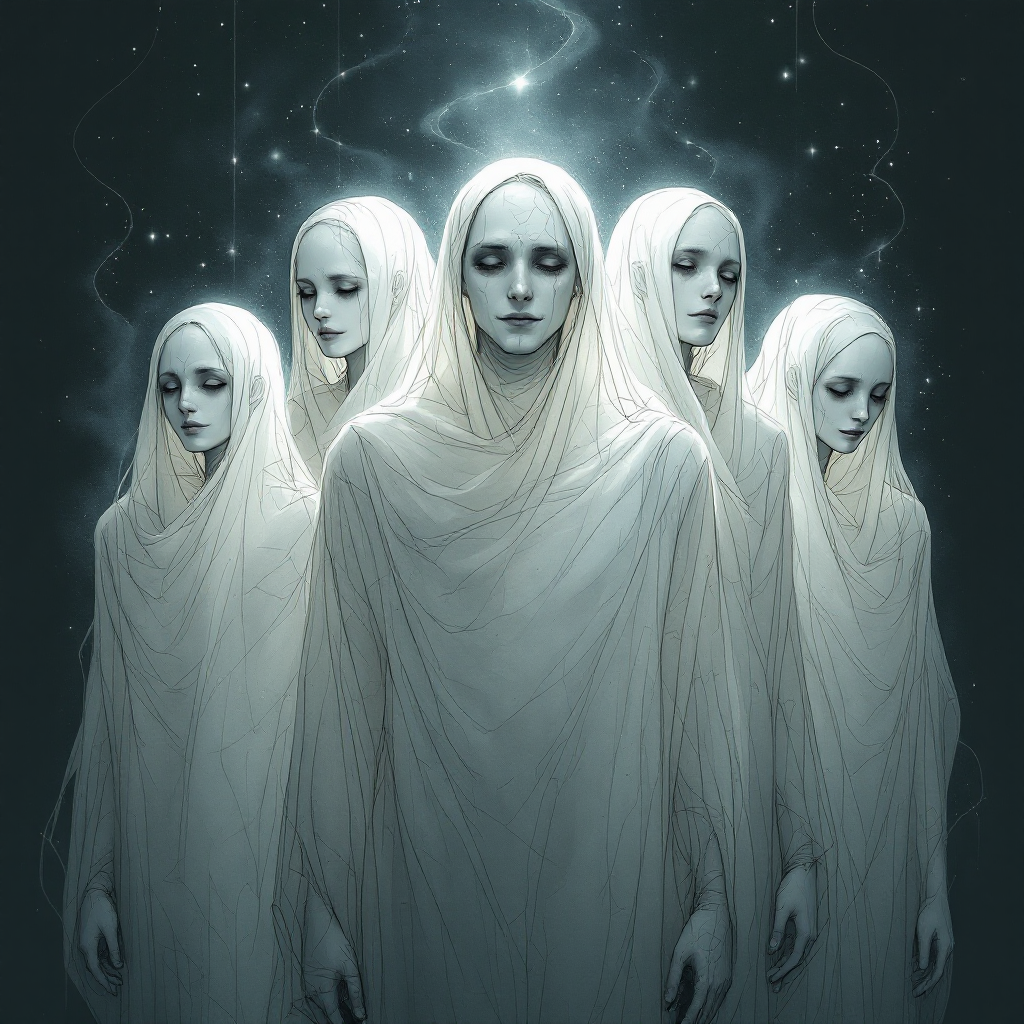 Five ethereal figures in flowing white garments, embodying the quote about ghosts and the past, surrounded by a mist of shimmering light that symbolizes their shackles and potential for freedom.