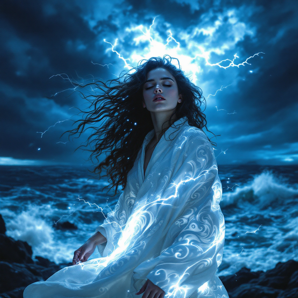 A woman in a flowing white robe stands on a rocky shore, surrounded by turbulent waves and an electrifying sky, embodying the quest for a Great Perhaps.