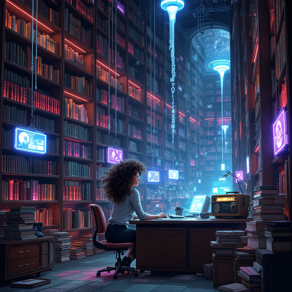 A woman sits at a desk in a futuristic library, surrounded by glowing bookshelves and screens displaying various media, reflecting on the essence of knowledge beyond traditional books.