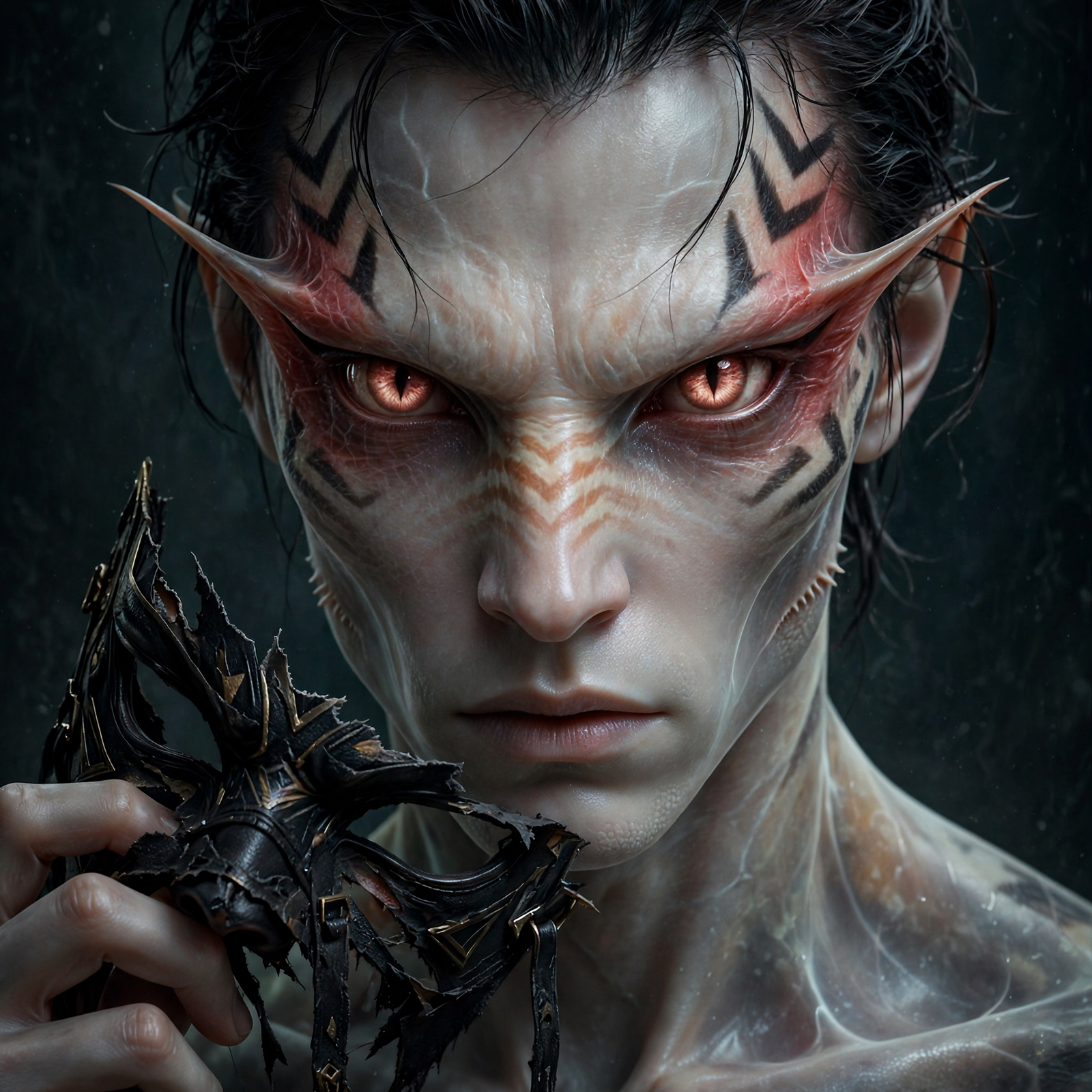 A translucent-skinned figure with feline and piscine features, shifting peach and cream spots forming black chevrons on the nose and temples, eyes sharp and venomous.