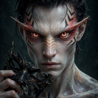 A translucent-skinned figure with feline and piscine features, shifting peach and cream spots forming black chevrons on the nose and temples, eyes sharp and venomous.