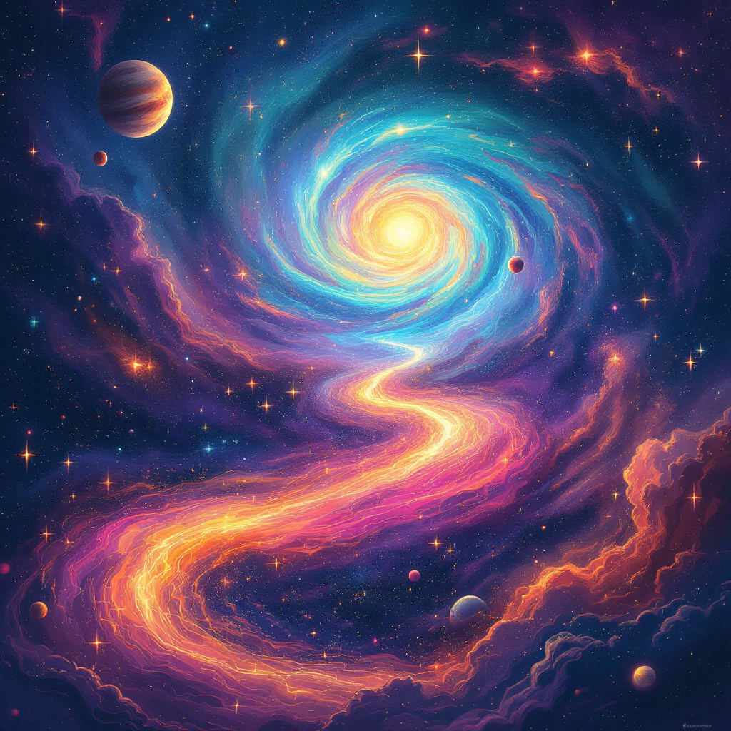 A swirling galaxy fills the cosmic canvas, with vibrant colors and shimmering stars creating a celestial pathway, embodying the idea that stories bring the universe to life.