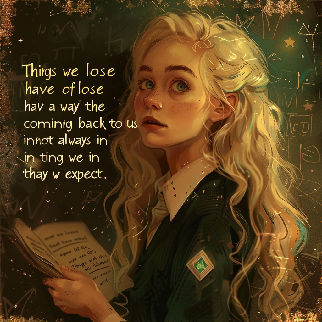 A young woman with long, wavy blonde hair reads a book, surrounded by a surreal background. The quote, Things we lose have a way of coming back to us, if not always in the way we expect, is overlaid.