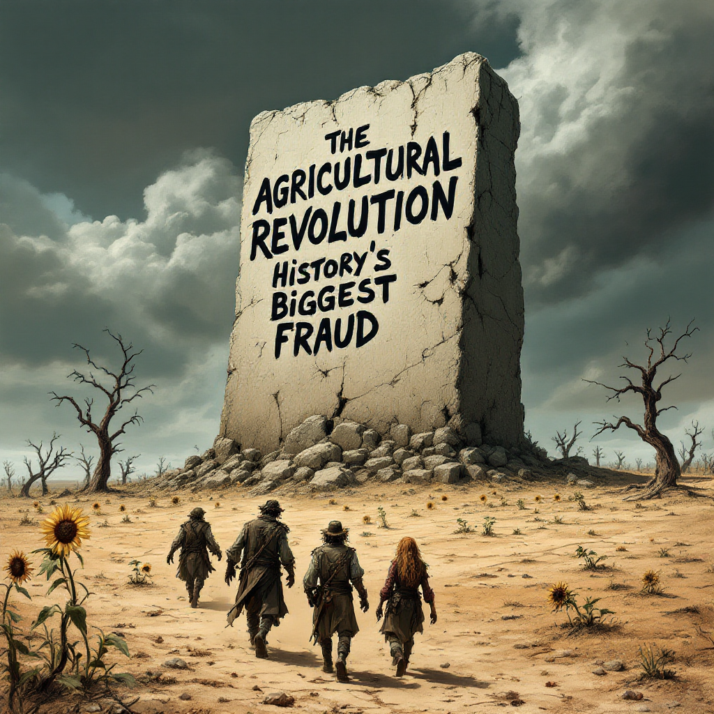 A stark landscape features a large, weathered stone with the inscription The Agricultural Revolution: History's Biggest Fraud, as three figures walk towards it under an expansive sky.