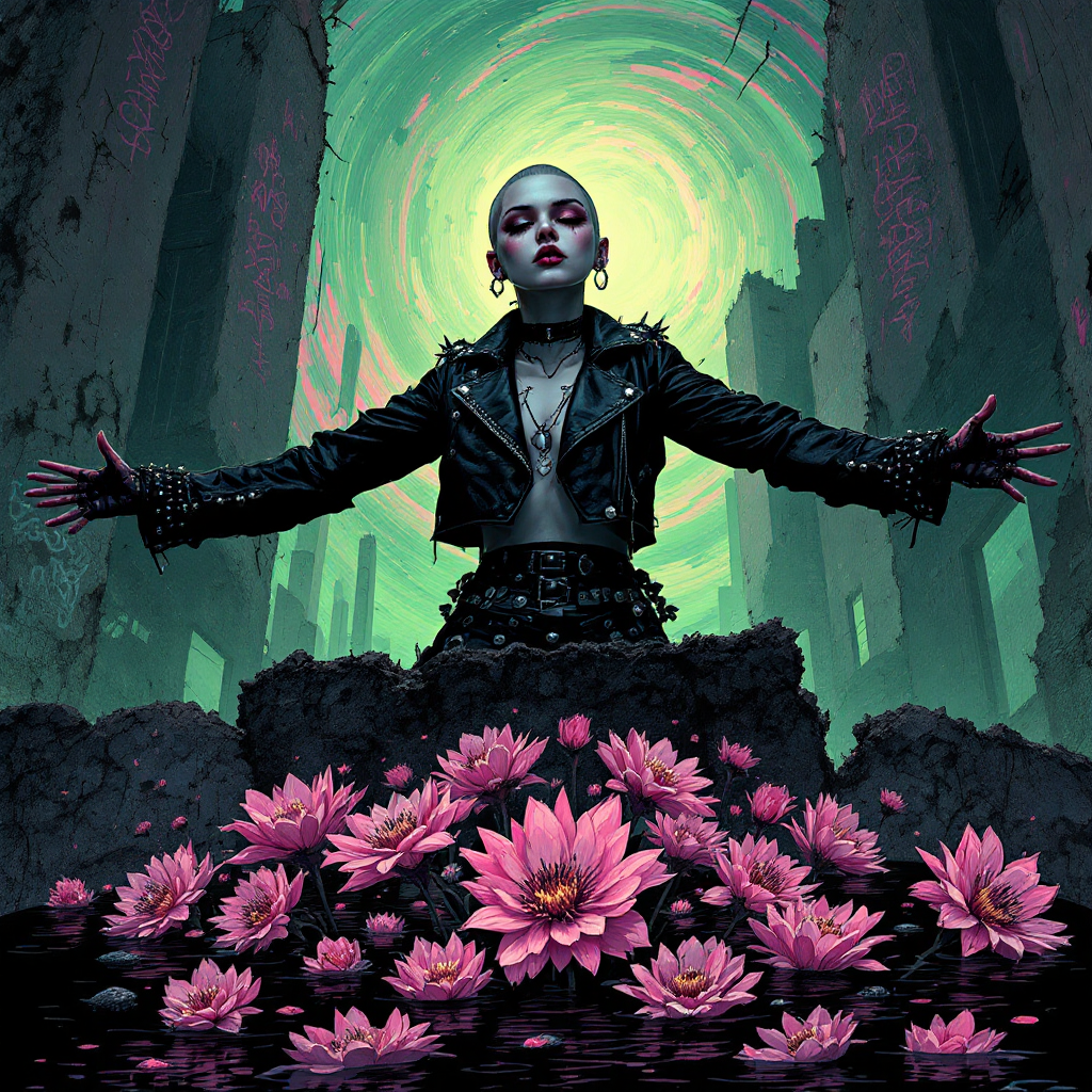 A bold figure in a leather jacket stands amidst vibrant pink lotuses, arms outstretched, surrounded by a surreal, spiraling green backdrop, embodying the beauty and cost of death's finality.