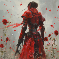 A woman in red armor stands amidst a field of roses, petals floating around her as her outfit merges seamlessly with her skin.