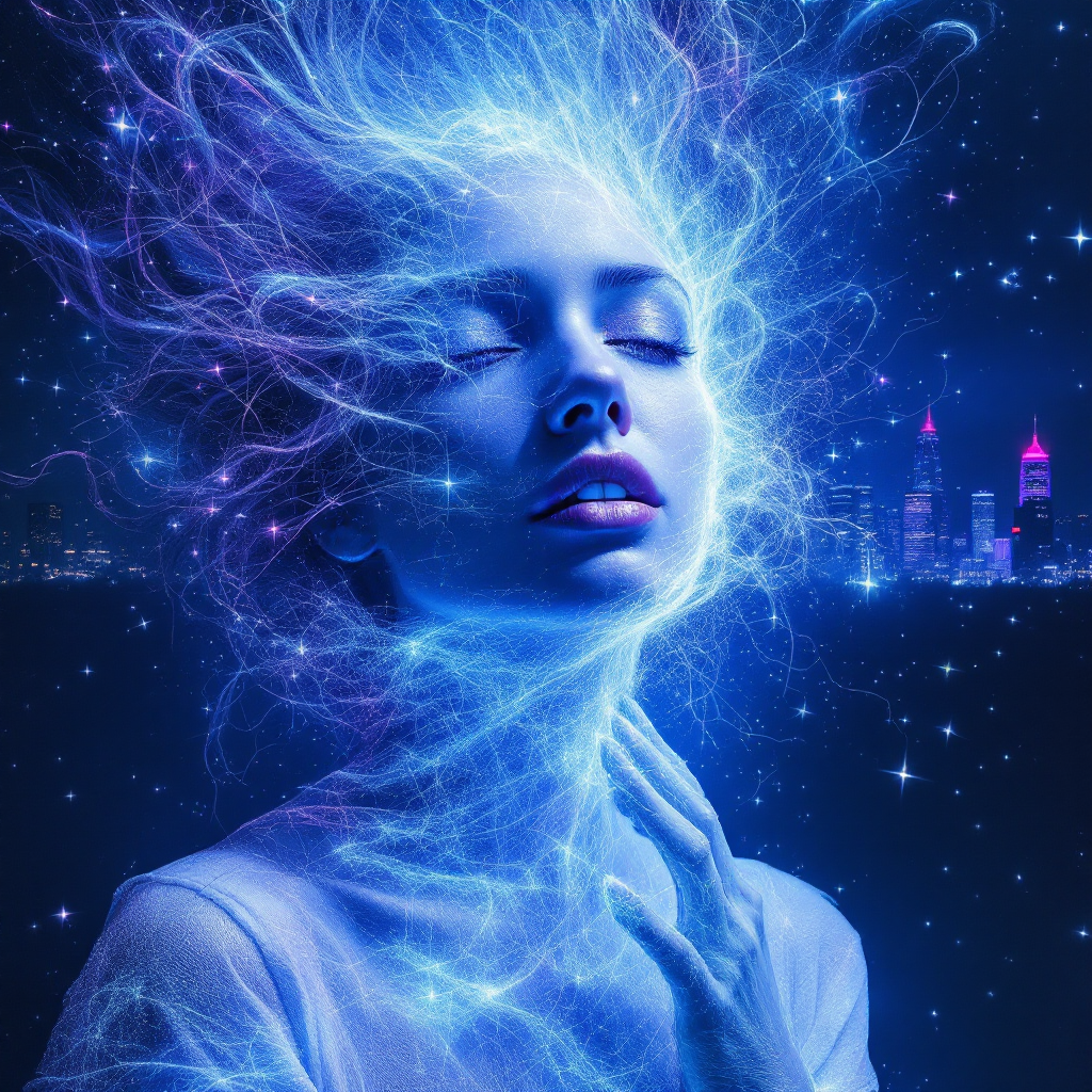 A woman with flowing, luminous hair and a serene expression is enveloped in swirling blue energy, embodying the idea of transformation through loss amidst a starry cityscape.