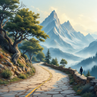 A winding road meanders through a serene landscape, flanked by lush trees and majestic mountains, capturing the essence of enjoying the scenery in the journey of life.